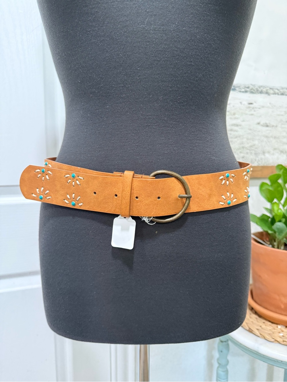 Studded Tan Leather Waist Belt with Turquoise Accents